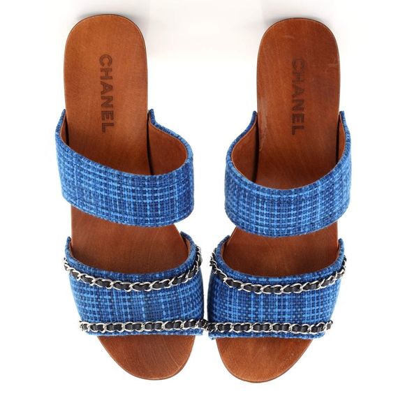 Chanel Women's Chain Platform Slide Sandals Tweed and Wood Blue, Brown - Picture 2 of 4